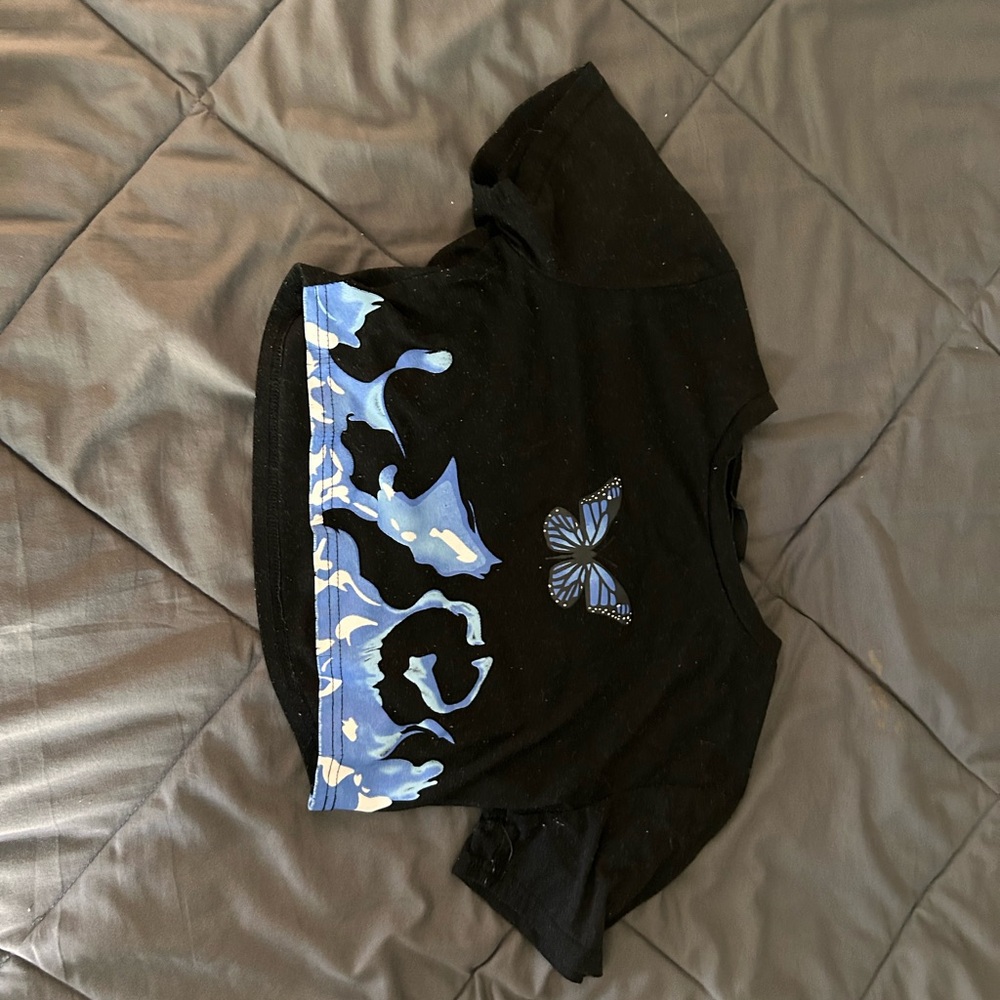SHEIN Black and Blue Crop Top with Butterfly Design